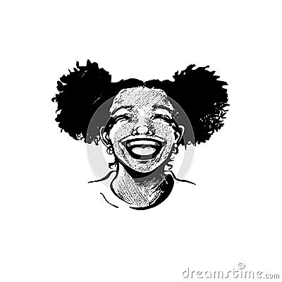 Cute african american young woman, teenager girl, with big curly pigtails, laughing Vector Illustration